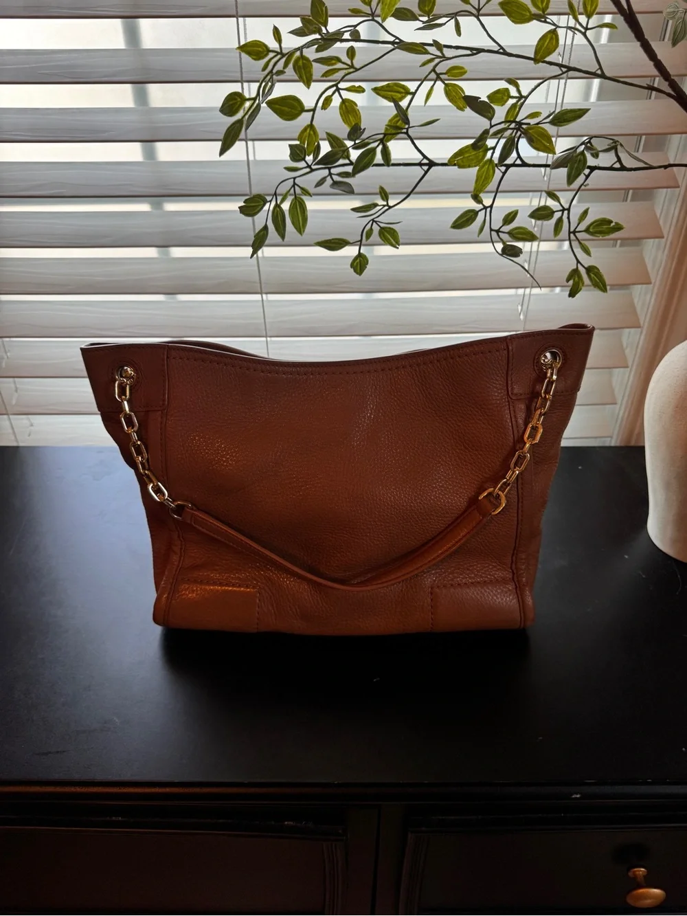Tory Burch Chestnut Brown Pebbled Leather Shoulder Bag with Gold Chain